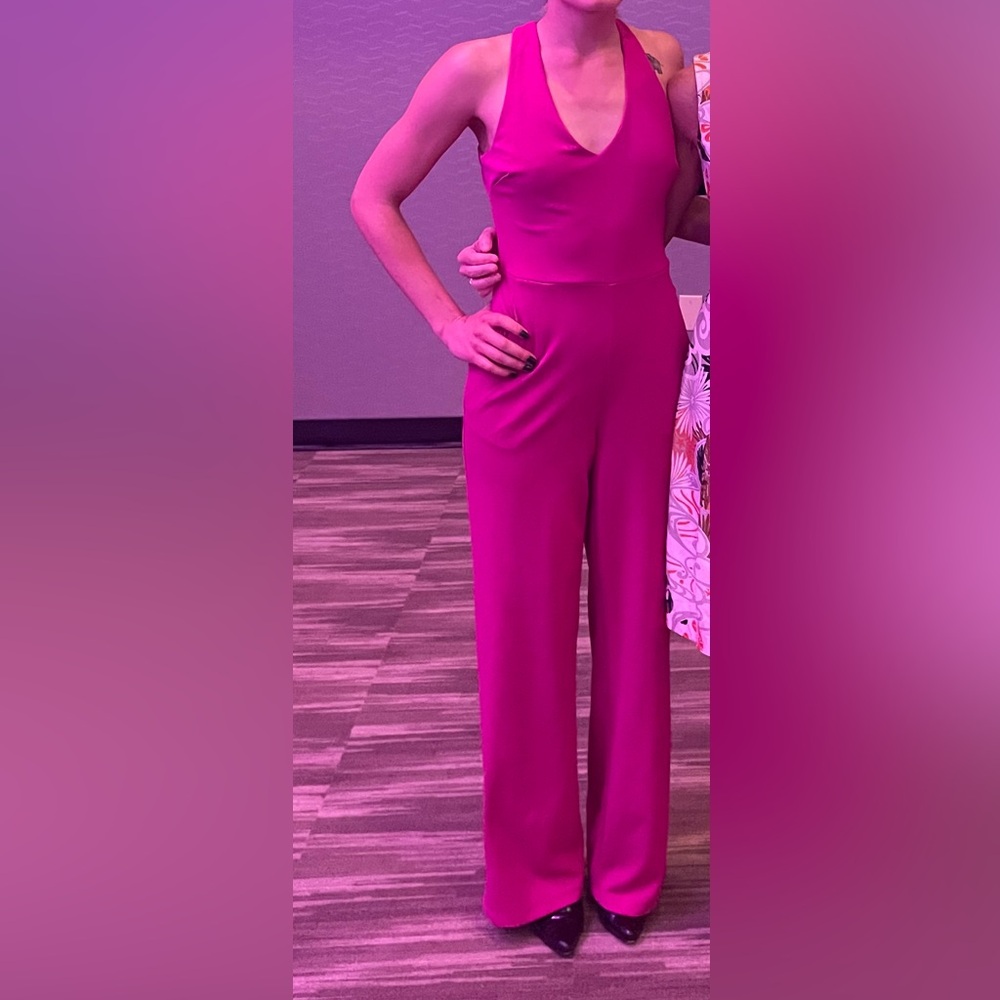 Zara Pink Magenta Wide-Leg V-Neck Jumpsuit Size S